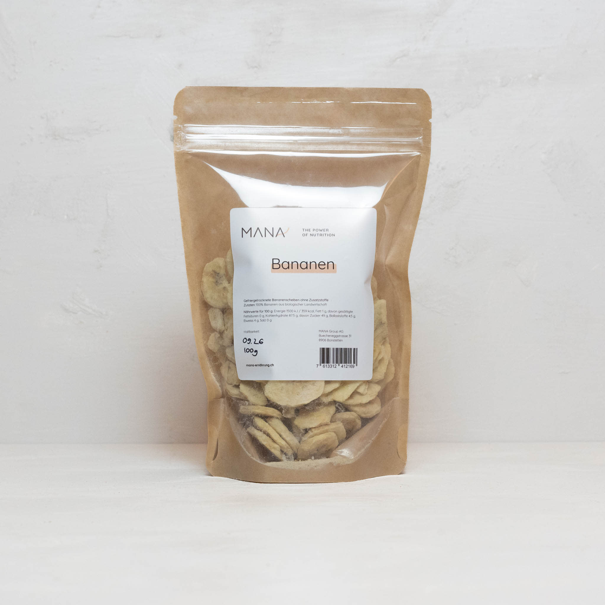 Gefriergetrocknete Bananen im Beutel